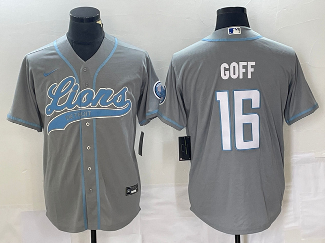 Men's Detroit Lions #16 Jared Goff Gray Cool Base Stitched Baseball Jersey